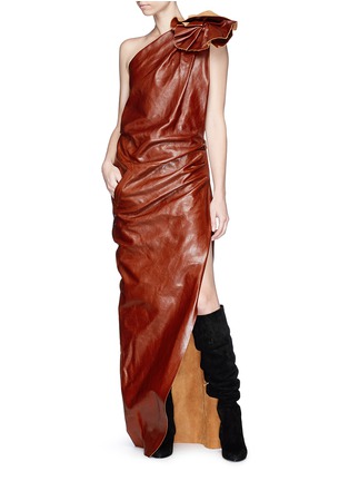 Figure View - Click To Enlarge - SAINT LAURENT - Floral one-shoulder leather gown