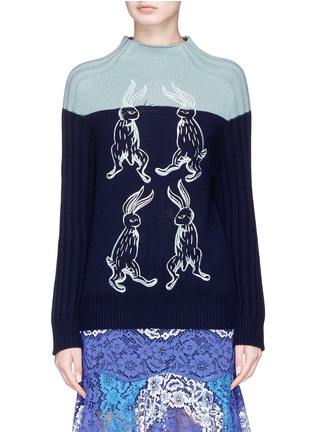 Main View - Click To Enlarge - HELEN LEE - Colourblock bunny embroidered wool-cashmere sweater
