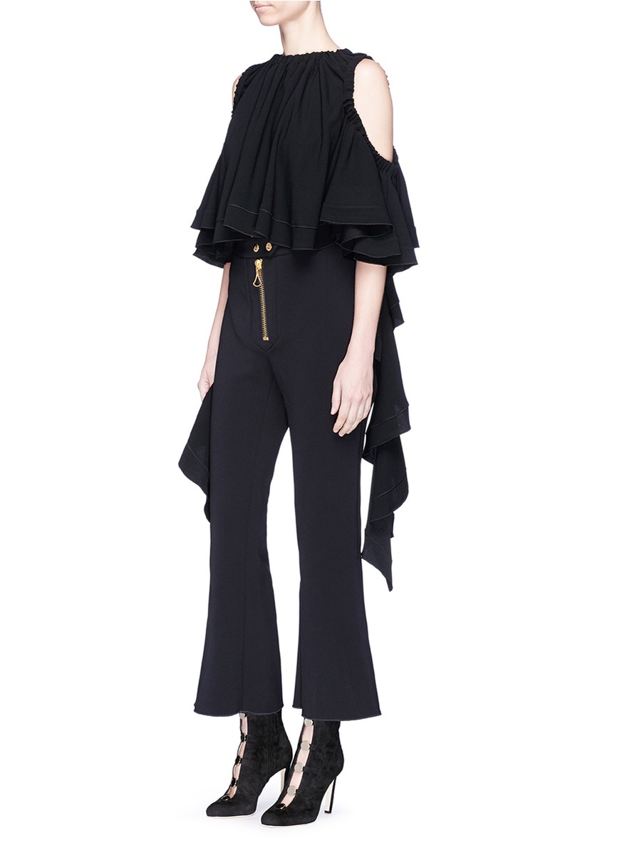 ELLERY 'Baby' Ruffle Sash Drape Cropped Cold Shoulder Top in Black ...