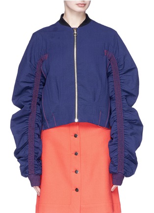Main View - Click To Enlarge - MINKI - Ruched sleeve cropped seersucker bomber jacket