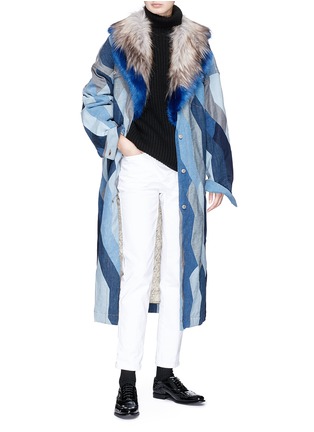 Figure View - Click To Enlarge - DRIES VAN NOTEN - 'Rift' detachable faux fur collar patchwork denim jacket