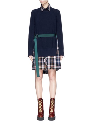 Main View - Click To Enlarge - SACAI - Belted rib knit panel check plaid flannel dress