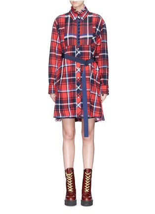 Main View - Click To Enlarge - SACAI - Belted pleated panel check plaid flannel shirt dress