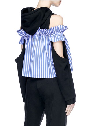 Back View - Click To Enlarge - GROUND ZERO - Stripe ruffle poplin panel cropped cold shoulder hoodie