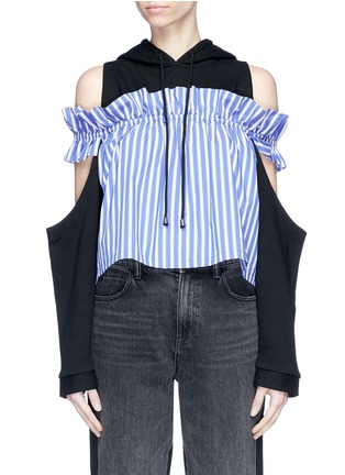 Main View - Click To Enlarge - GROUND ZERO - Stripe ruffle poplin panel cropped cold shoulder hoodie
