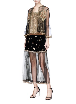 Figure View - Click To Enlarge - SABYASACHI - Floral embellished velvet and tulle midi skirt