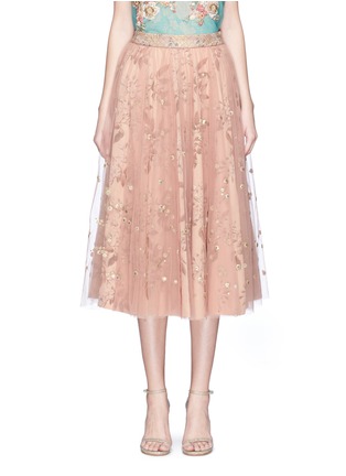 Main View - Click To Enlarge - SABYASACHI - Embellished tulle overlay floral print silk midi skirt