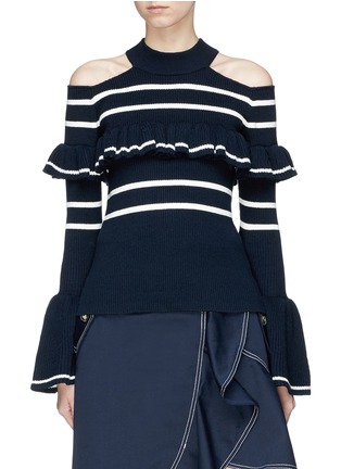 Main View - Click To Enlarge - SELF-PORTRAIT - Frill stripe cold-shoulder sweater