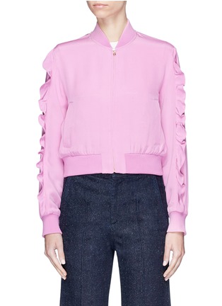 Main View - Click To Enlarge - TIBI - Ruffle sleeve silk satin cropped bomber jacket