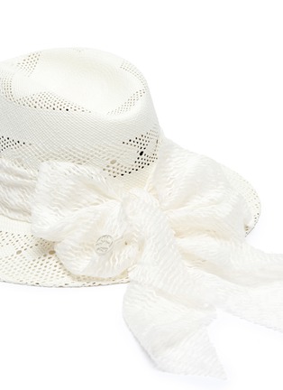 Detail View - Click To Enlarge - MAISON MICHEL - 'Henrietta' perforated jacquard ribbon straw fedora hat