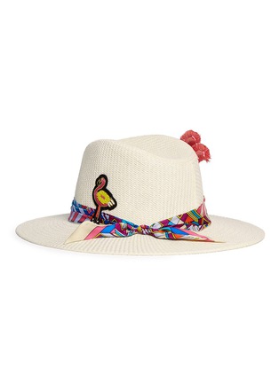 Figure View - Click To Enlarge - VENNA - Graphic print scarf flamingo patch feather panama hat