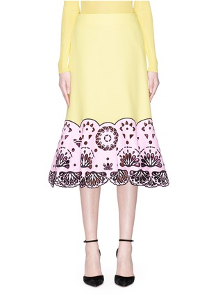 Main View - Click To Enlarge - EMILIO PUCCI - Colourblock scalloped broderie anglaise hem flared piqué skirt