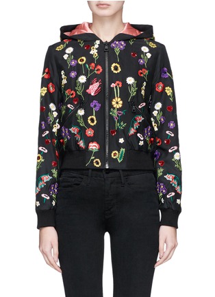 Main View - Click To Enlarge - ALICE & OLIVIA - 'Lonnie' floral embroidered cropped hooded satin bomber jacket