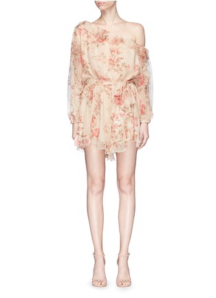 Main View - Click To Enlarge - ZIMMERMANN - 'Corsair Whimsy' floral print one-shoulder silk romper