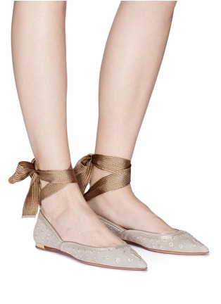 Figure View - Click To Enlarge - AQUAZZURA - 'Bliss Ballet' ankle tie star embroidered suede skimmer flats