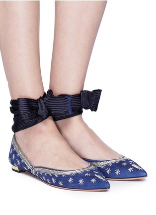 Figure View - Click To Enlarge - AQUAZZURA - 'Bliss' ankle tie embroidered suede ballerinas