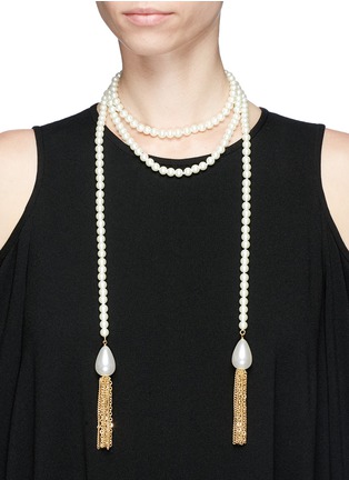 Figure View - Click To Enlarge - KENNETH JAY LANE - Glass pearl chain tassel wraparound necklace