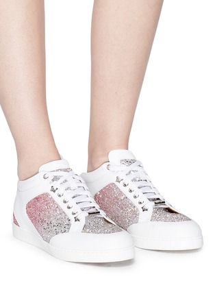 Figure View - Click To Enlarge - JIMMY CHOO - 'Miami' leather panel dégradé coarse glitter sneakers