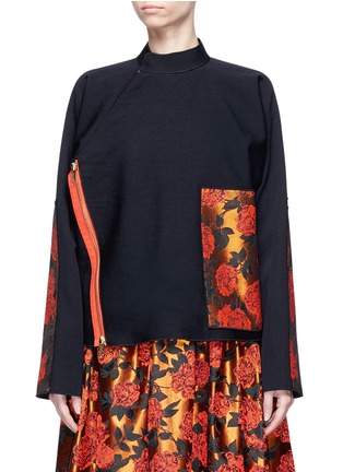 Main View - Click To Enlarge - MS MIN - Floral jacquard patch asymmetric wool twill jacket