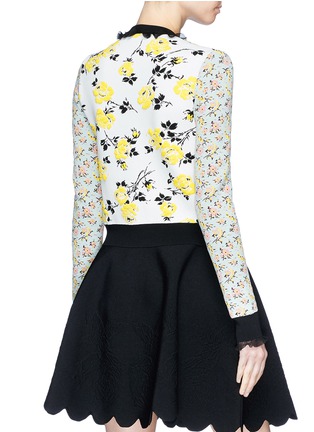 Back View - Click To Enlarge - ALEXANDER MCQUEEN - Ruffle trim floral jacquard patchwork cropped cardigan