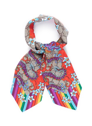 Main View - Click To Enlarge - GUCCI - GG Supreme dragon floral print silk neck bow scarf