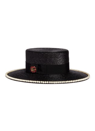 Main View - Click To Enlarge - GUCCI - Glass pearl logo brooch straw boater hat