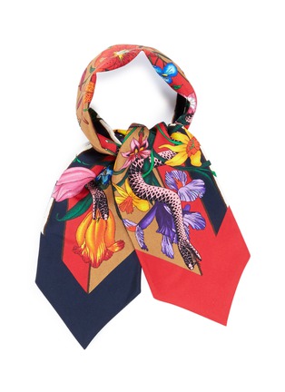 Main View - Click To Enlarge - GUCCI - 'Floral Snake' print stripe silk neck bow scarf
