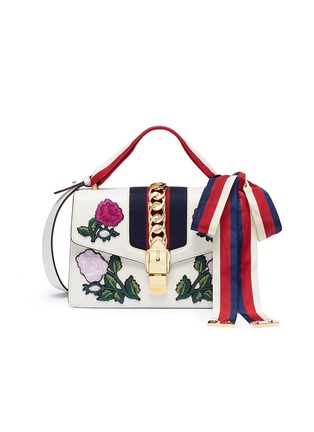 Main View - Click To Enlarge - GUCCI - 'Sylvie' floral appliqué small chain web leather bag