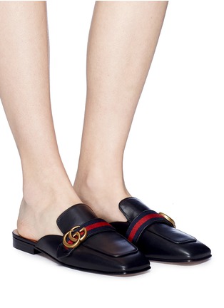Figure View - Click To Enlarge - GUCCI - GG Web stripe leather loafer slides