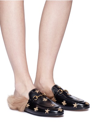 Figure View - Click To Enlarge - GUCCI - 'Princetown' embroidered lamb fur leather slide loafers
