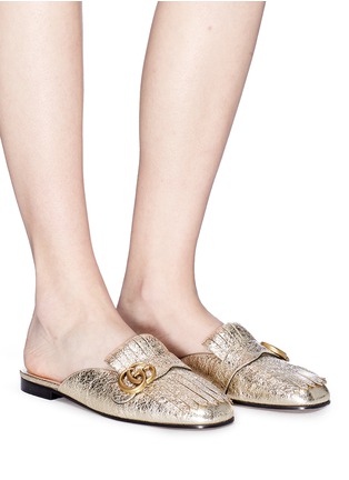 Figure View - Click To Enlarge - GUCCI - 'Marmont' cracked leather kiltie slippers