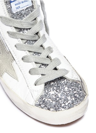 Detail View - Click To Enlarge - GOLDEN GOOSE - 'Francy' glitter tongue leather high top toddler sneakers