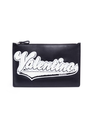 Main View - Click To Enlarge - VALENTINO GARAVANI - Chenille logo patch leather zip pouch