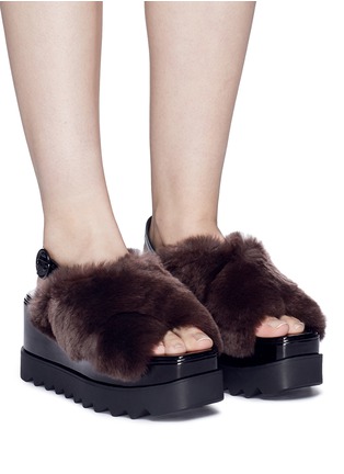 Figure View - Click To Enlarge - PEDDER RED - Faux fur cross strap slingback platform sandals
