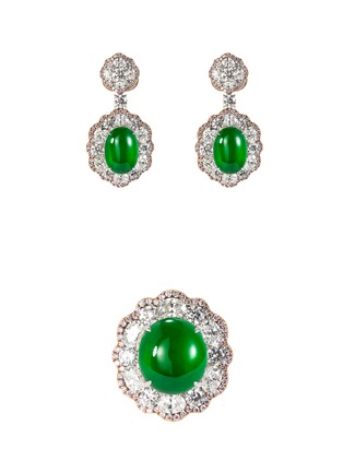 Main View - Click To Enlarge - SAMUEL KUNG - Diamond jadeite 18k gold ring and earrings set