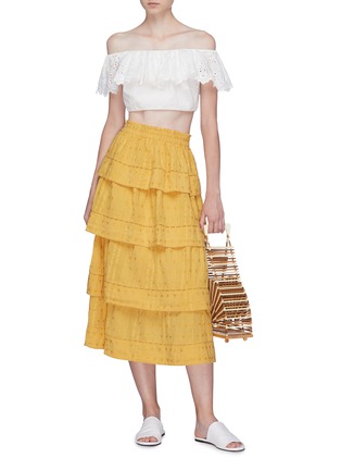 Figure View - Click To Enlarge - LOVESHACKFANCY - 'Claire' leaf embroidered tiered ruffle skirt