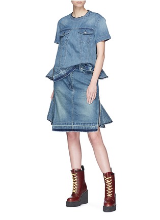 Figure View - Click To Enlarge - SACAI - Quilted ruffle side zip denim skirt