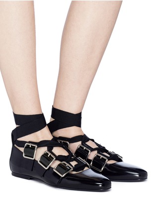 Figure View - Click To Enlarge - JIL SANDER - Ankle tie buckled patent leather ballet flats