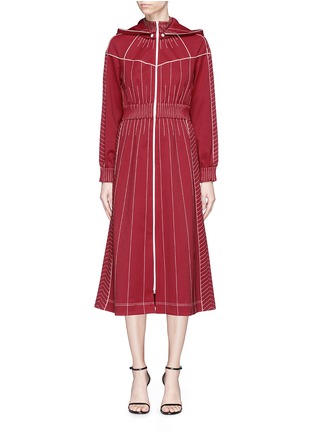 Main View - Click To Enlarge - VALENTINO GARAVANI - Zip front contrast stitching hooded jersey midi dress