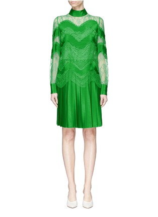 Main View - Click To Enlarge - VALENTINO GARAVANI - Floral guipure lace panel overlay pleated silk satin dress
