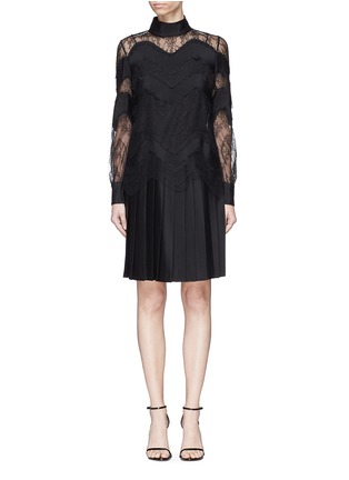 Main View - Click To Enlarge - VALENTINO GARAVANI - Floral guipure lace panel overlay pleated silk satin dress