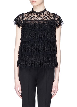 Main View - Click To Enlarge - NEEDLE & THREAD - Floral embroidered ruffle tulle top
