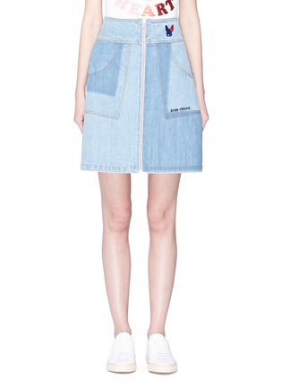 Main View - Click To Enlarge - ÊTRE CÉCILE - French bulldog embroidered patchwork effect denim skirt