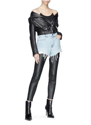 Figure View - Click To Enlarge - ALEXANDER WANG - 'Bite' frayed cuff panelled denim shorts