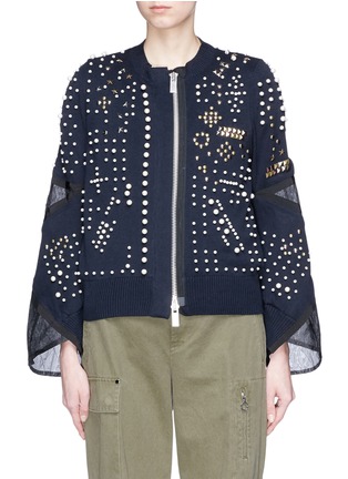 Main View - Click To Enlarge - SACAI - Embellished mesh panel cotton-cashmere knit jacket