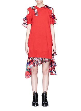 Main View - Click To Enlarge - SACAI - Floral print panelled cold shoulder knit dress