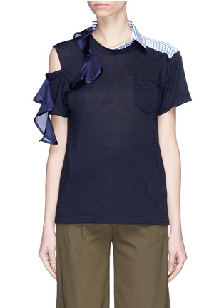 Main View - Click To Enlarge - SACAI - Ruffle cutout shoulder poplin collar T-shirt