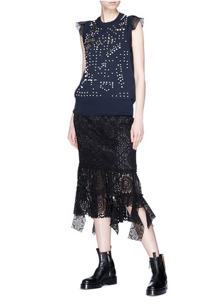 Figure View - Click To Enlarge - SACAI - Mesh panel embellished cotton-cashmere knit top