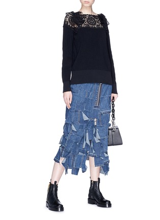 Figure View - Click To Enlarge - SACAI - Elbow patch guipure lace yoke sweater