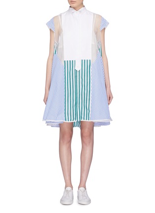 Main View - Click To Enlarge - SACAI - Organdy panel mix stripe flared shirt dress